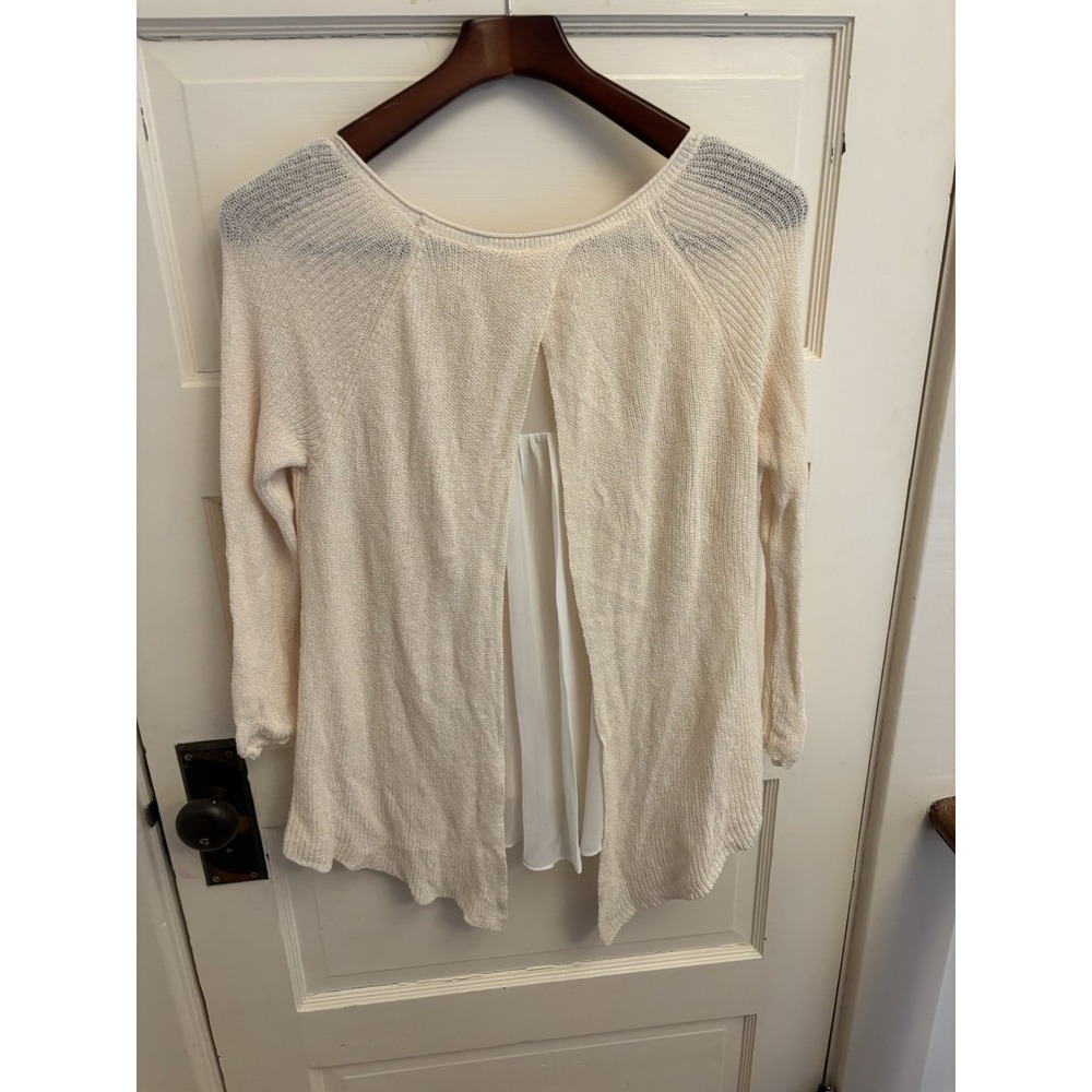 Anthropologie Moth Women's Split Back Cream Knit Sheer Sweater 3/4 Sleeve Small - Picture 3 of 7